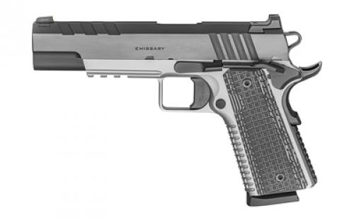 Springfield Emissary, 1911, Semi-automatic, Metal Framed Pistol, Full Size, 45 ACP, 5 Barrel, Match Grade Bull Barrel, Stainless Steel Frame and Carbon Steel Slide, Blued Slide Finish, VZ Grips Thin-Line G10 Grips, Tritium/Luminescent Front and Tactical Rack U-Notch Rear Sights, Manual Safety, 8 Rounds, 2 Magazines, Right Hand PX9220L