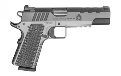 Springfield Emissary, 1911, Semi-automatic, Metal Framed Pistol, Full Size, 45 ACP, 5" Barrel, Match Grade Bull Barrel, Stainless Steel Frame and Carbon Steel Slide, Blued Slide Finish, VZ Grips Thin-Line G10 Grips, Tritium/Luminescent Front and Tactical Rack U-Notch Rear Sights, Manual Safety, 8 Rounds, 2 Magazines, Right Hand PX9220L