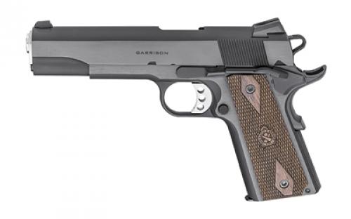 Springfield Garrison, 1911, Single Action Only, Semi-automatic, Metal Frame Pistol, Full Size, 45 ACP, 5 Match Grade Barrel, Steel, Blued Finish, Black, Thinline Wood Grips, Low Profile Combat 3 Dot Sights, Grip Safety, 7 Rounds, 1 Magazine PX9420