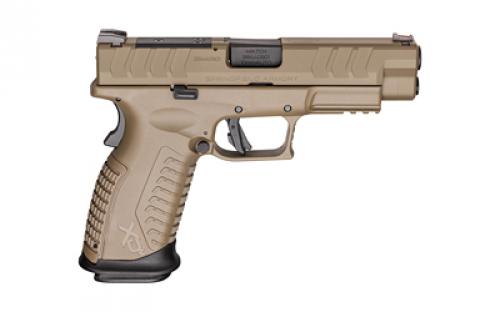 Springfield XDM Elite, Semi-automatic, Striker Fired, Polymer Frame Pistol, 10MM, 4.5 Hammer Forged Barrel, Desert FDE Cerakote Slide, Desert FDE Polymer Frame, META Trigger, Grip Safety, Fiber Optic Front Sight, Tactical Rack U-Dot Rear Sight, Optics Ready, 16 Rounds, 2 Magazines XDME94510FHCOSP