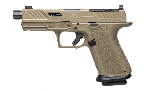 Shadow Systems MR920 Elite, Striker Fired, Semi-automatic, Polymer Frame Pistol, Compact, 9MM, 4.5 Spiral and Fluted Barrel, Threaded, Nitride Finish Elite Slide, Flat Dark Earth, Optics Ready, Flat Faced Trigger, Trigger Safety, Tritium Front Night Sight, 15 Rounds, 2 Magazines, Includes Optics Kit, Grip Kit, Attache Case, Flared Magwell, Shadow Systems Tool SS-1022