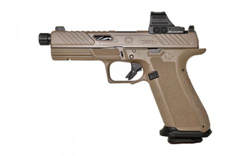 Shadow Systems DR920 Elite, Striker Fired, Semi-automatic, Polymer Frame Pistol, Fullsize, 9MM, 5 Black Spiral Fluted Threaded Barrel, Flat Dark Earth Slide and Frame, Holosun  507c Red Dot, Flat Faced Trigger, Trigger Safety , Front Tritium Night Sight, 17 Rounds, 2 Magazines, Includes Optics Kit, Atache Case, Flared Magwell, Grip Kit, Shadow Systems Tool SS-2022-H