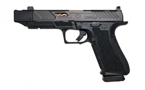 Shadow Systems DR920P Elite, Striker Fired, Semi-automatic Pistol, Full Size, 9mm, 4.8 Threaded Bronze Spiral Fluted Barrel, Compensator, Polymer Frame, Nitride Finish, Black, Front Night Sight, Trigger Safety, 17 Rounds, Includes 2 Magazines, Optics Kit, Grip Kit, Attache Case, Magwell, Shadow Systems Tool, Right Hand SS-2211