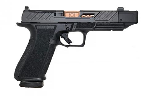 Shadow Systems DR920P Elite, Striker Fired, Semi-automatic Pistol, Full Size, 9mm, 4.8" Threaded Bronze Spiral Fluted Barrel, Compensator, Polymer Frame, Nitride Finish, Black, Front Night Sight, Trigger Safety, 17 Rounds, Includes 2 Magazines, Optics Kit, Grip Kit, Attache Case, Magwell, Shadow Systems Tool, Right Hand SS-2211