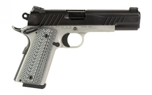 Savage Savage 1911, Semi-automatic, Single Action, Metal Frame Pistol, Full Size, 45 ACP, 5" Barrel, G10 Grips, Melonite Finish, Silver Frame, Black Slide, Night Sights, Manual Safety, 8 Rounds, 2 Magazines, BLEM (Damaged Case) 67201