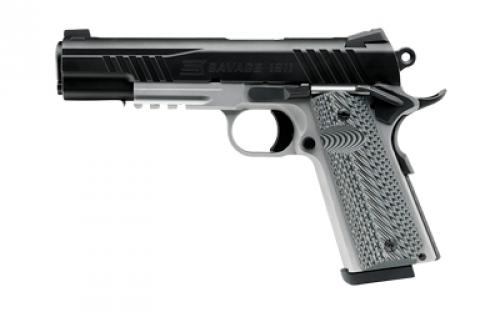 Savage Savage 1911 with Rail, Semi-automatic, Single Action, Metal Frame Pistol, Full Size, 45 ACP, 5 Barrel, G10 Grips, Stainless Steel Finish, Silver Frame, Black Slide, Night Sights, Manual Safety, 8 Rounds, 2 Magazines 67207