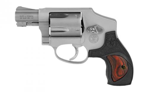 Smith & Wesson Model 642, Performance Center, Double Action Only, Metal Frame Revolver, J-Frame, 38 Special +P, 1.875 Barrel, Stainless Steel, Custom Synthetic Grip with Wood inserts, Fixed Sights, 5 Rounds, High Bright Polished Cylinder Flutes, Polished Thumbpiece and Side Plate Screws, Chrome Plated Polished Trigger, Cylinder Cut for Full Moon Clips 10186
