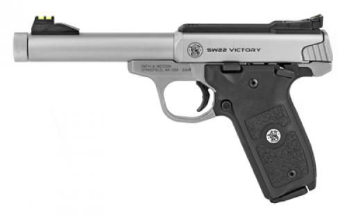 Smith & Wesson SW22 Victory, Single Action Only, Semi-automatic, Metal Frame Pistol, 22LR, 5.5 Threaded Barrel, Stainless Steel, Polymer Grip, Fiber Optic Front Sight, Manual Thumb Safety, Adjustable Rear Sight, 10 Rounds, 2 Magazines 10201