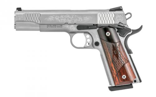 Smith & Wesson Engraved 1911, Single Action Only, Semi-automatic, Metal Frame Pistol, Full Size, 45 ACP, 5 Barrel, Stainless Steel Slide and Frame, Glass Bead Finish, Wood Grips, Fixed Sights, Manual Thumb Safety, 8 Rounds, Engraved Slide, 2 Magazines 10270