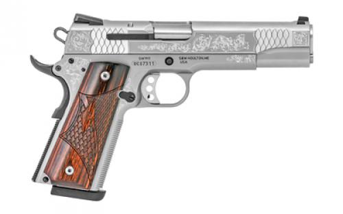 Smith & Wesson Engraved 1911, Single Action Only, Semi-automatic, Metal Frame Pistol, Full Size, 45 ACP, 5" Barrel, Stainless Steel Slide and Frame, Glass Bead Finish, Wood Grips, Fixed Sights, Manual Thumb Safety, 8 Rounds, Engraved Slide, 2 Magazines 10270
