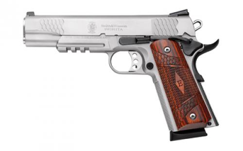 Smith & Wesson SW1911TA, E-Series, Single Action Only, Semi-automatic, Metal Frame Pistol, Full Size, 45 ACP, 5 Barrel, Stainless Steel, Wooden Laminate E-Series Grips, Night Sights, Manual Thumb Safety, 8 Rounds, Tac Rail, 2 Magazines 108411