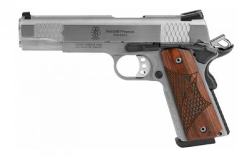 Smith & Wesson SW1911, E-Series, Single Action Only, Semi-automatic, Metal Frame Pistol, Full Size, 45 ACP, 5 Barrel, Stainless Steel, Wooden Laminate E-Series Grip, 3 Dot Sight, Manual Thumb Safety, 8 Rounds, 2 Magazines 108482