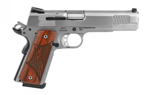 Smith & Wesson SW1911, E-Series, Single Action Only, Semi-automatic, Metal Frame Pistol, Full Size, 45 ACP, 5" Barrel, Stainless Steel, Wooden Laminate E-Series Grip, 3 Dot Sight, Manual Thumb Safety, 8 Rounds, 2 Magazines 108482