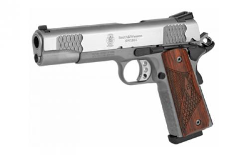 Smith & Wesson SW1911, E-Series, Single Action Only, Semi-automatic, Metal Frame Pistol, Full Size, 45 ACP, 5" Barrel, Stainless Steel, Wooden Laminate E-Series Grip, 3 Dot Sight, Manual Thumb Safety, 8 Rounds, 2 Magazines 108482