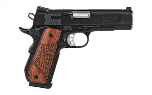 Smith & Wesson SW1911SC, E-Series, Massachusetts Compliant, Single Action Only, Semi-Automatic, Metal Frame Pistol, Commander, 45 ACP, 4.25" Barrel, Scandium Alloy, Black, Wooden Laminate E-Series Grips, Tritium Night Sights, Manual Thumb Safety, 8 Rounds, 2 Magazines 108483