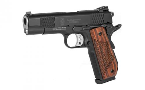 Smith & Wesson SW1911SC, E-Series, Massachusetts Compliant, Single Action Only, Semi-Automatic, Metal Frame Pistol, Commander, 45 ACP, 4.25" Barrel, Scandium Alloy, Black, Wooden Laminate E-Series Grips, Tritium Night Sights, Manual Thumb Safety, 8 Rounds, 2 Magazines 108483