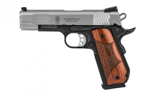 Smith & Wesson SW1911SC, E-Series, Single Action Only, Semi-automatic, Metal Frame Pistol, Full Size, 45 ACP, 4.25 Barrel, Scandium Alloy, Satin Stainless Slide, Black Frame, Wooden Laminate E-Series Grips, Tritium Sights, Manual Thumb Safety, 8 Rounds, 2 Magazines 108485