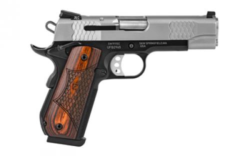 Smith & Wesson SW1911SC, E-Series, Single Action Only, Semi-automatic, Metal Frame Pistol, Full Size, 45 ACP, 4.25" Barrel, Scandium Alloy, Satin Stainless Slide, Black Frame, Wooden Laminate E-Series Grips, Tritium Sights, Manual Thumb Safety, 8 Rounds, 2 Magazines 108485