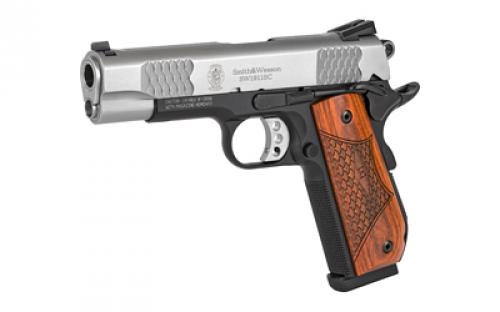 Smith & Wesson SW1911SC, E-Series, Single Action Only, Semi-automatic, Metal Frame Pistol, Full Size, 45 ACP, 4.25" Barrel, Scandium Alloy, Satin Stainless Slide, Black Frame, Wooden Laminate E-Series Grips, Tritium Sights, Manual Thumb Safety, 8 Rounds, 2 Magazines 108485