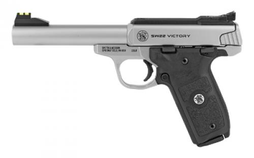 Smith & Wesson SW22 Victory, Single Action Only, Semi-Automatic,Metal Frame Pistol, Full Size, 22LR, 5.5 Barrel,Stainless Steel, Satin Finish, Adjustable Fiber Optic Front and Green Fiber Optic Rear Sights, Manual Thumb Safety, 10 Rounds, 2 Magazines, BLEM (Scratches on Barrel) 108490