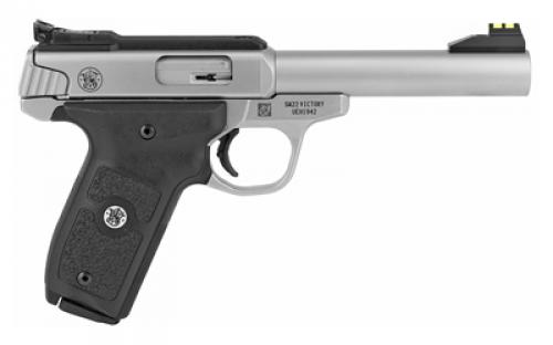 Smith & Wesson SW22 Victory, Single Action Only, Semi-Automatic,Metal Frame Pistol, Full Size, 22LR, 5.5" Barrel,Stainless Steel, Satin Finish, Adjustable Fiber Optic Front and Green Fiber Optic Rear Sights, Manual Thumb Safety, 10 Rounds, 2 Magazines, BLEM (Scratches on Barrel) 108490