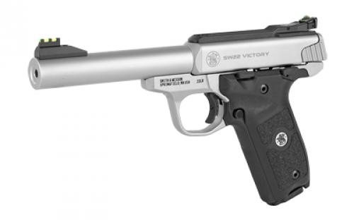 Smith & Wesson SW22 Victory, Single Action Only, Semi-Automatic,Metal Frame Pistol, Full Size, 22LR, 5.5" Barrel,Stainless Steel, Satin Finish, Adjustable Fiber Optic Front and Green Fiber Optic Rear Sights, Manual Thumb Safety, 10 Rounds, 2 Magazines, BLEM (Scratches on Barrel) 108490