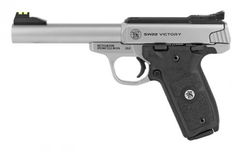 Smith & Wesson SW22 Victory, Single Action Only, Semi-Automatic, Metal Frame Pistol, Full Size, 22LR, 5.5 Barrel, Stainless Steel, Satin Finish, Adjustable Fiber Optic Front and Green Fiber Optic Rear Sights, Manual Thumb Safety, 10 Rounds, 2 Magazines 108490
