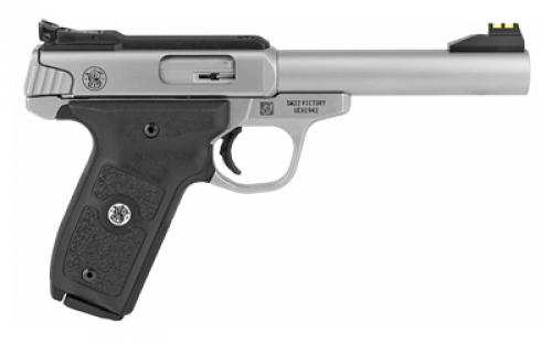Smith & Wesson SW22 Victory, Single Action Only, Semi-Automatic, Metal Frame Pistol, Full Size, 22LR, 5.5" Barrel, Stainless Steel, Satin Finish, Adjustable Fiber Optic Front and Green Fiber Optic Rear Sights, Manual Thumb Safety, 10 Rounds, 2 Magazines 108490