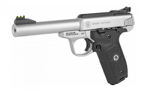 Smith & Wesson SW22 Victory, Single Action Only, Semi-Automatic, Metal Frame Pistol, Full Size, 22LR, 5.5" Barrel, Stainless Steel, Satin Finish, Adjustable Fiber Optic Front and Green Fiber Optic Rear Sights, Manual Thumb Safety, 10 Rounds, 2 Magazines 108490