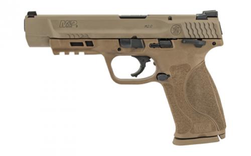 Smith & Wesson M&P M2.0, Striker Fired, Semi-automatic, Polymer Frame Pistol, Full Size, 9MM, 5 Barrel, Armornite Finish, Flat Dark Earth, 3 Dot Sights, Manual Thumb Safety, 17 Rounds, 2 Magazines 11537