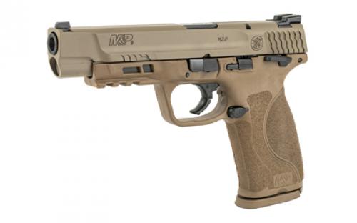 Smith & Wesson M&P M2.0, Striker Fired, Semi-automatic, Polymer Frame Pistol, Full Size, 9MM, 5" Barrel, Armornite Finish, Flat Dark Earth, 3 Dot Sights, Manual Thumb Safety, 17 Rounds, 2 Magazines 11537