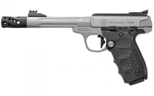 Smith & Wesson SW22 Victory, Target, Performance Center, Single Action Only, Semi-Automatic, Metal Frame Pistol, Full Size, 22LR, 6 Target Fluted Barrel, Muzzle Brake, Stainless Steel, Glass Bead Finish, Tandemkross Hive Grips with Target Thumbrest Grip, Fiber Optic Front Sight and Adjustable Fiber Optic Rear Sight, Manual Thumb Safety, 10 Rounds, 2 Magazines 12078