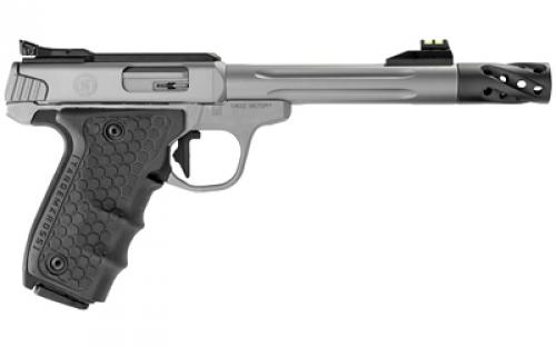 Smith & Wesson SW22 Victory, Target, Performance Center, Single Action Only, Semi-Automatic, Metal Frame Pistol, Full Size, 22LR, 6" Target Fluted Barrel, Muzzle Brake, Stainless Steel, Glass Bead Finish, Tandemkross "Hive Grips" with Target Thumbrest Grip, Fiber Optic Front Sight and Adjustable Fiber Optic Rear Sight, Manual Thumb Safety, 10 Rounds, 2 Magazines 12078