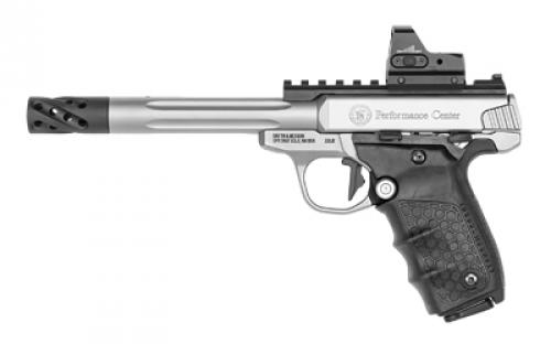 Smith & Wesson SW22 Victory, Target, Performance Center, Single Action Only, Semi-Automatic, Metal Frame Pistol, Full Size, 22LR, 6 Target Fluted Barrel, Muzzle Brake, Stainless Steel, Glass Bead Finish, Tandemkross hiveGrips with Target Thumbrest Grip, Manual Thumb Safety, 10 Rounds, 6 MOA Red Dot Sight, 2 Magazines 12079