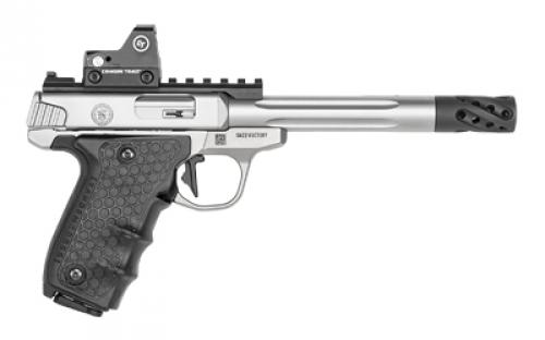 Smith & Wesson SW22 Victory, Target, Performance Center, Single Action Only, Semi-Automatic, Metal Frame Pistol, Full Size, 22LR, 6" Target Fluted Barrel, Muzzle Brake, Stainless Steel, Glass Bead Finish, Tandemkross "hiveGrips" with Target Thumbrest Grip, Manual Thumb Safety, 10 Rounds, 6 MOA Red Dot Sight, 2 Magazines 12079