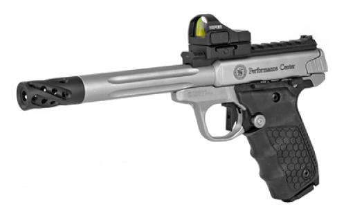 Smith & Wesson SW22 Victory, Target, Performance Center, Single Action Only, Semi-Automatic, Metal Frame Pistol, Full Size, 22LR, 6" Target Fluted Barrel, Muzzle Brake, Stainless Steel, Glass Bead Finish, Tandemkross "hiveGrips" with Target Thumbrest Grip, Manual Thumb Safety, 10 Rounds, 6 MOA Red Dot Sight, 2 Magazines 12079