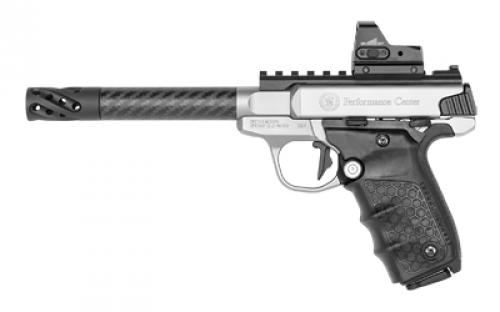 Smith & Wesson SW22 Victory, Target, Performance Center, Single Action Only, Semi-Automatic, Metal Frame Pistol, Full Size, 22LR, 6 Target Carbon Fiber Barrel, Muzzle Brake, Stainless Steel, Glass Bead Finish, Tandemkross hiveGrips with Target Thumbrest Grip, Manual Thumb Safety, 10 Rounds, Crimson Trace CT105 Red Dot Sight, 2 Magazines 12081