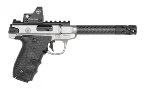 Smith & Wesson SW22 Victory, Target, Performance Center, Single Action Only, Semi-Automatic, Metal Frame Pistol, Full Size, 22LR, 6" Target Carbon Fiber Barrel, Muzzle Brake, Stainless Steel, Glass Bead Finish, Tandemkross "hiveGrips" with Target Thumbrest Grip, Manual Thumb Safety, 10 Rounds, Crimson Trace CT105 Red Dot Sight, 2 Magazines 12081