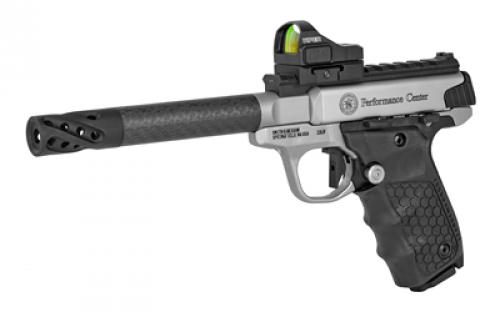 Smith & Wesson SW22 Victory, Target, Performance Center, Single Action Only, Semi-Automatic, Metal Frame Pistol, Full Size, 22LR, 6" Target Carbon Fiber Barrel, Muzzle Brake, Stainless Steel, Glass Bead Finish, Tandemkross "hiveGrips" with Target Thumbrest Grip, Manual Thumb Safety, 10 Rounds, Crimson Trace CT105 Red Dot Sight, 2 Magazines 12081