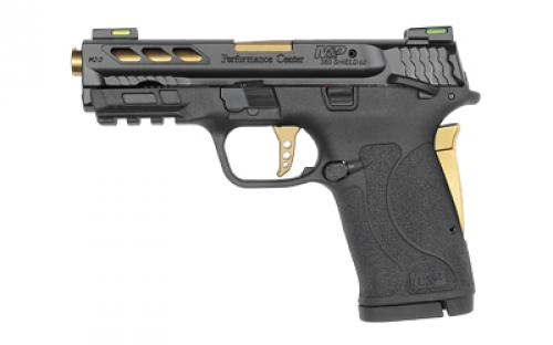 Smith & Wesson Shield M2.0 M&P380, Internal Hammer Fired, Semi-automatic, Polymer Frame Pistol, Micro-Compact, 380 ACP, 3.8 Ported Barrel, Armornite Finish, Black with Gold Accents, HiViz Litewave H3 Fiber Optic/Tritium Sights, Manual Thumb Safety, 8 Rounds, Lightning Cuts, 2 Magazines 12719