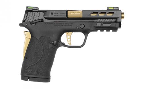 Smith & Wesson Shield M2.0 M&P380, Internal Hammer Fired, Semi-automatic, Polymer Frame Pistol, Micro-Compact, 380 ACP, 3.8" Ported Barrel, Armornite Finish, Black with Gold Accents, HiViz Litewave H3 Fiber Optic/Tritium Sights, Manual Thumb Safety, 8 Rounds, Lightning Cuts, 2 Magazines 12719