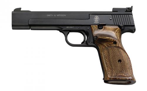 Smith & Wesson Model 41, Target, Single Action Only, Semi-automatic, Metal Frame Pistol, Full Size, 22LR, 5.5 Heavy Barrel, Carbon Steel, Blue Finish, Wood Grips, Adjustable Sights, Manual Thumb Safety, 10 Rounds, 2 Magazines 130511