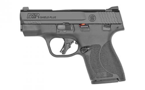 Smith & Wesson M&P9, Shield Plus, Massachusetts Compliant, Striker Fired, Semi-automatic, Polymer Frame Pistol, Micro-Compact, 9MM, 3.1 Barrel, Armornite Finish, Black, White Dot Sights, Manual Thumb Safety, 10 Rounds, 10lb Trigger Pull, Flat Face Trigger, 2 Magazines 13247