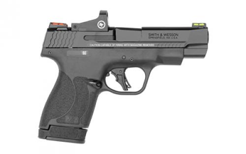 Smith & Wesson M&P9, Shield Plus, Performance Center, Striker Fired, Semi-automatic, Polymer Frame Pistol, Micro-Compact, 9MM, 4" Barrel, Armornite Finish, Black, Fiber Optic Sights, No Thumb Safety, Crimson Trace Red Dot, Optics Ready Slide, Flat Face Trigger, 2 Magazines, (1) 10-Round and (1) 13-Round 13251
