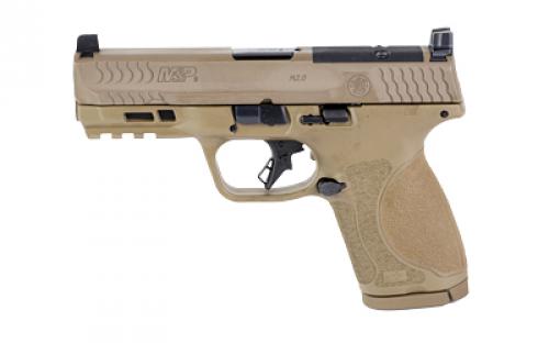 Smith & Wesson M&P M2.0, Striker Fired, Semi-automatic, Polymer Frame Pistol, Compact, 9MM, 4 Barrel, Armornite Finish, Flat Dark Earth, Optic Height Sights, Optics Ready, No Thumb Safety, Flat Face Trigger with Integrated Trigger Safety, 15 Rounds, 2 Magazines, Includes 4 Interchangeable Grip Inserts 13572
