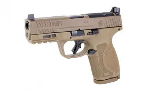 Smith & Wesson M&P M2.0, Striker Fired, Semi-automatic, Polymer Frame Pistol, Compact, 9MM, 4" Barrel, Armornite Finish, Flat Dark Earth, Optic Height Sights, Optics Ready, No Thumb Safety, Flat Face Trigger with Integrated Trigger Safety, 15 Rounds, 2 Magazines, Includes 4 Interchangeable Grip Inserts 13572