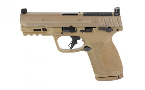 Smith & Wesson M&P M2.0, Striker Fired, Semi-automatic, Polymer Frame Pistol, Compact, 9MM, 4 Barrel, Armornite Finish, Flat Dark Earth, Optic Height Sights, Optics Ready, Thumb Safety, Flat Face Trigger with Integrated Trigger Safety, 15 Rounds, 2 Magazines, Includes Four Interchangeable Grip Inserts 13573