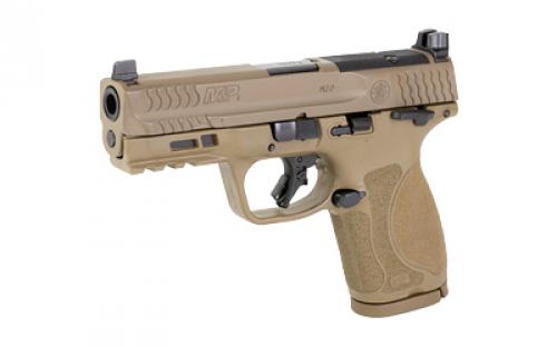 Smith & Wesson M&P M2.0, Striker Fired, Semi-automatic, Polymer Frame Pistol, Compact, 9MM, 4" Barrel, Armornite Finish, Flat Dark Earth, Optic Height Sights, Optics Ready, Thumb Safety, Flat Face Trigger with Integrated Trigger Safety, 15 Rounds, 2 Magazines, Includes Four Interchangeable Grip Inserts 13573