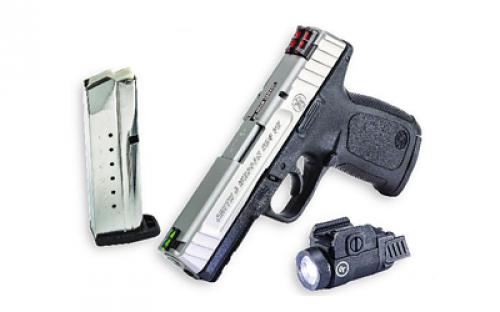 Smith & Wesson SD9VE, Semi-automatic, Striker Fired, Full Size, 9MM, 4, Black, Silver, 16 Rounds, 2 Mags, Crimson Trace Rail Master Light, Fiber Optic, Polymer, Satin 13950