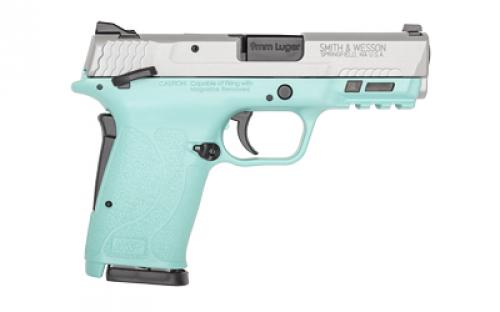 Smith & Wesson M&P9 SHIELD EZ M2.0, Internal Hammer Fired, Semi-automatic, Polymer Frame Pistol, Micro-Compact, 9MM, 3.68" Barrel, Cerakote Finish, Silver Frame, Robins Egg Blue Frame, 3-Dot Sights, Manual Thumb Safety, 8 Rounds, 2 Magazines 14021